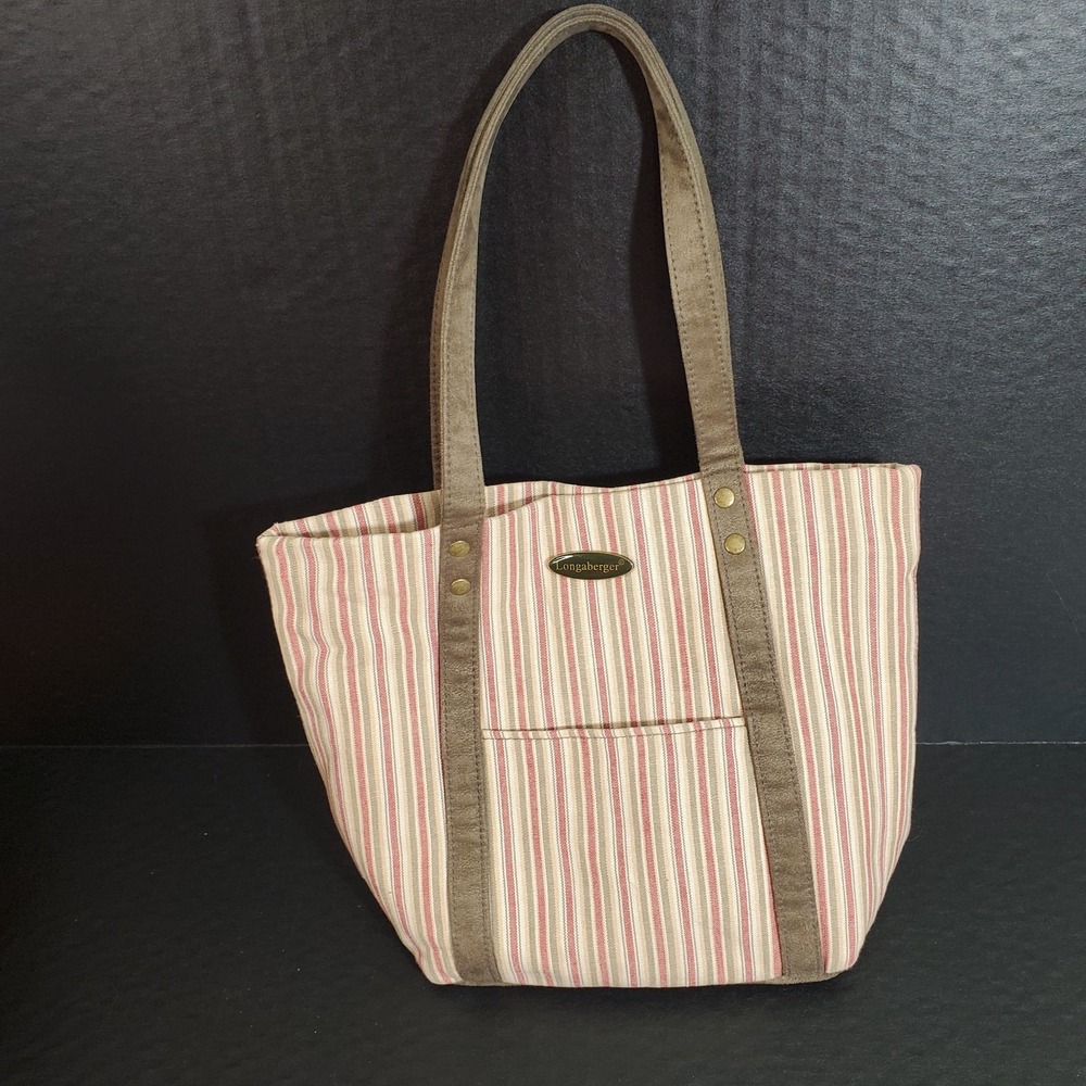 Vintage Longaberger Homestead Purse Maroon/Green Striped Mini Tote Bag - Picture 2 of 12